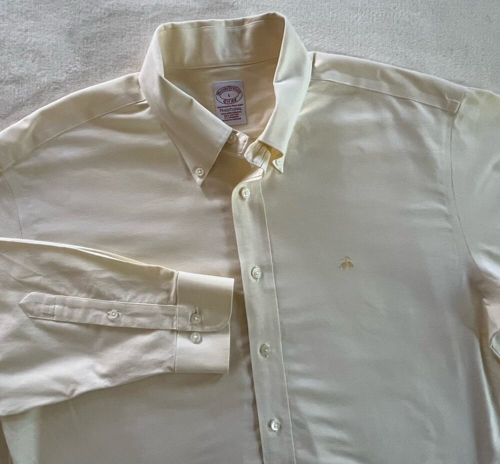 Brooks Brothers Traditional Cornsilk Yellow No Iron Oxford Shirt Mens Large OCBD